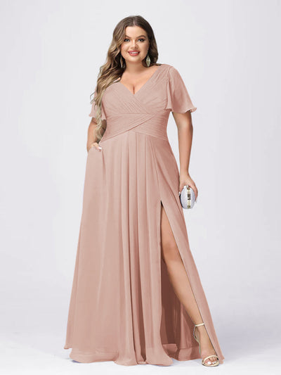 A Line/Princess V-Neck Short Sleeves Plus Size Bridesmaid Dresses with Split Side