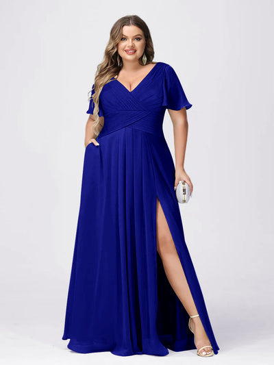 A Line/Princess V-Neck Short Sleeves Plus Size Bridesmaid Dresses with Split Side