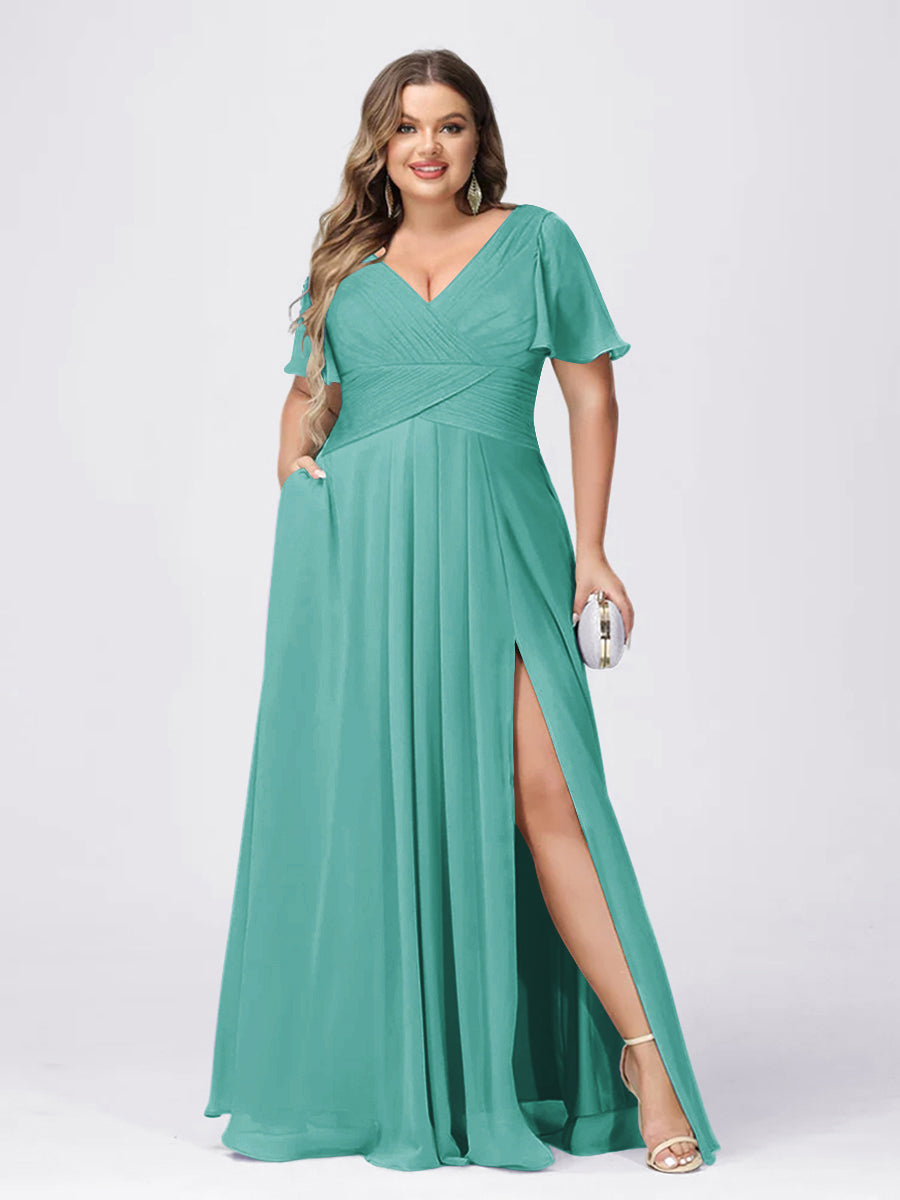 A Line/Princess V-Neck Short Sleeves Plus Size Bridesmaid Dresses with Split Side