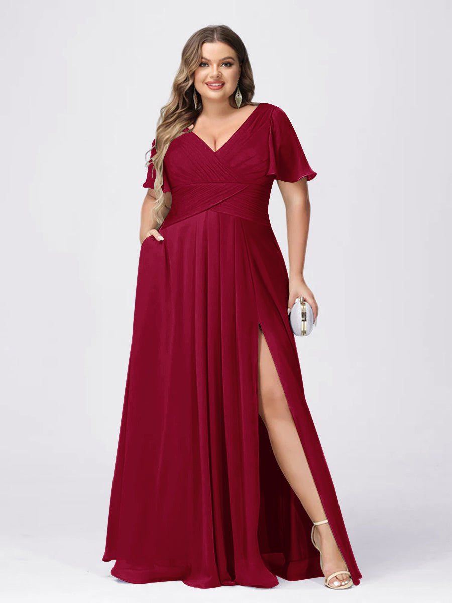 A Line/Princess V-Neck Short Sleeves Plus Size Bridesmaid Dresses with Split Side