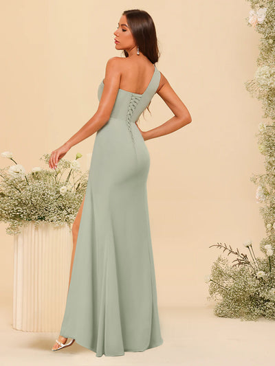 Sheath/Column One-Shoulder Long Bridesmaid Dresses with Split Side