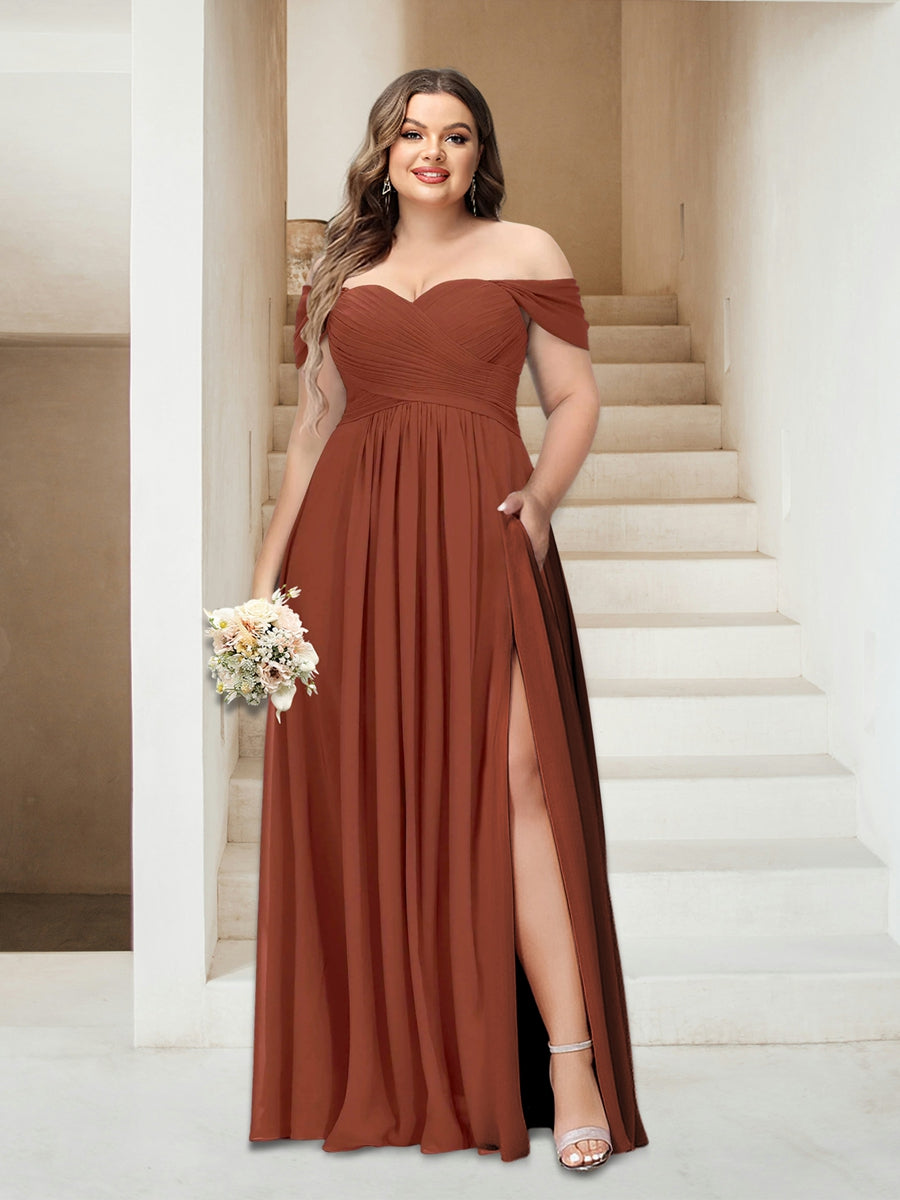 A-Line/Princess Off-the-Shoulder Sleeveless Chiffon Plus Size Bridesmaid Dresses with Pockets