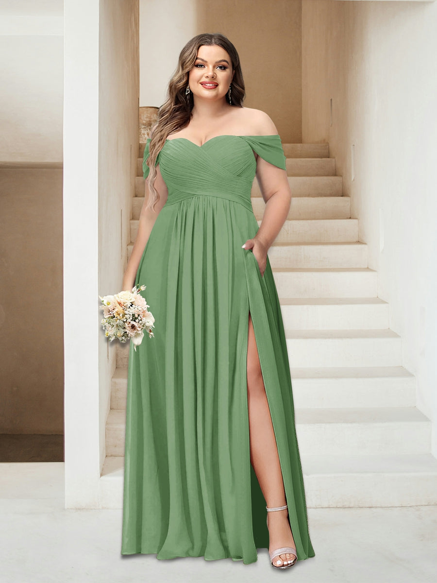 A-Line/Princess Off-the-Shoulder Sleeveless Chiffon Plus Size Bridesmaid Dresses with Pockets