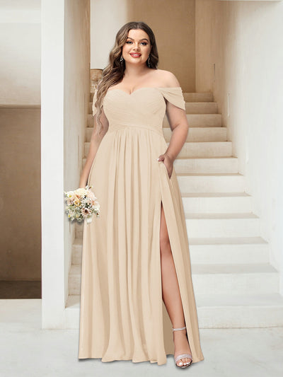 A-Line/Princess Off-the-Shoulder Sleeveless Chiffon Plus Size Bridesmaid Dresses with Pockets