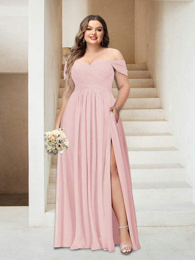 A-Line/Princess Off-the-Shoulder Sleeveless Chiffon Plus Size Bridesmaid Dresses with Pockets