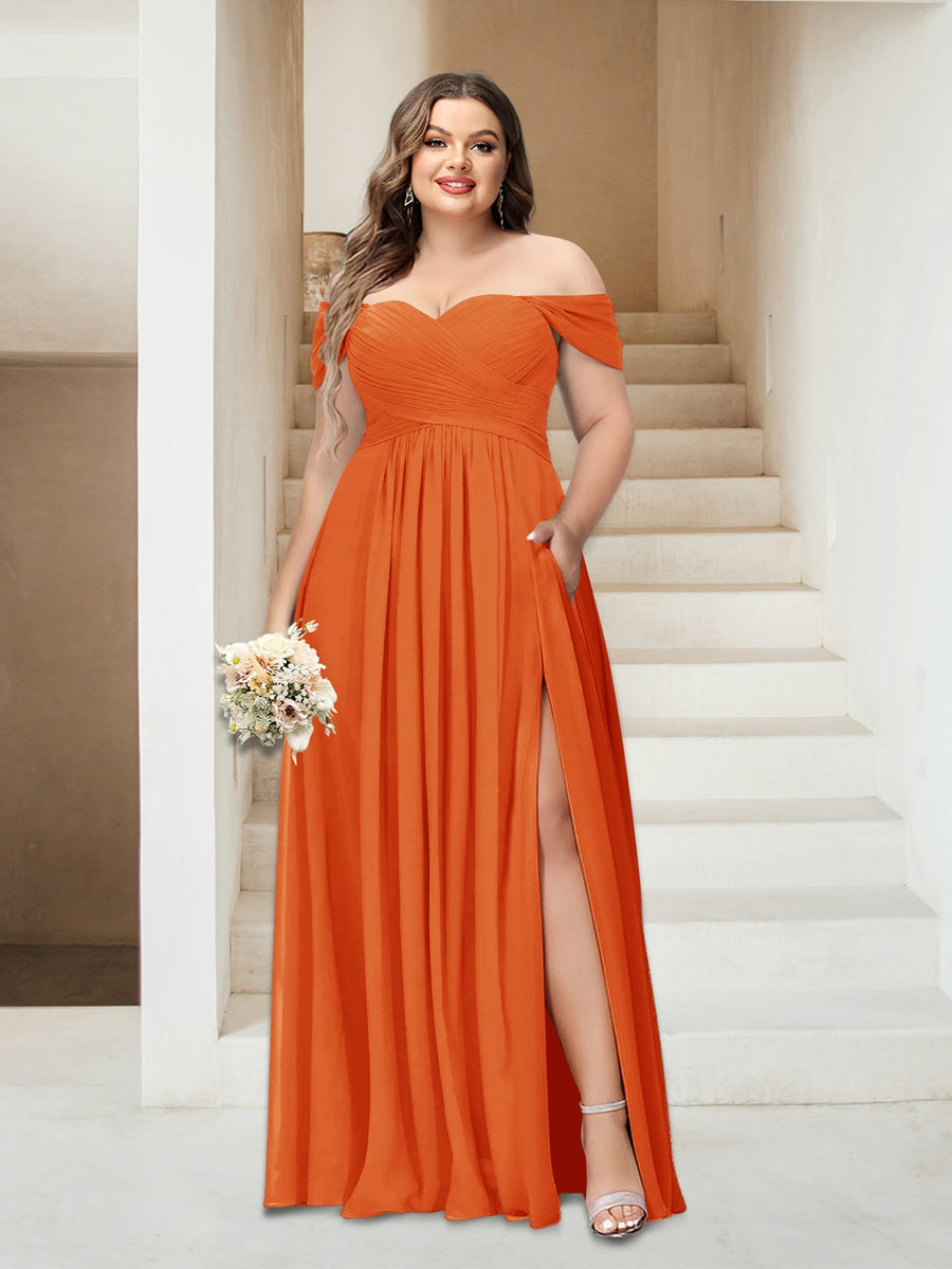 A-Line/Princess Off-the-Shoulder Sleeveless Chiffon Plus Size Bridesmaid Dresses with Pockets