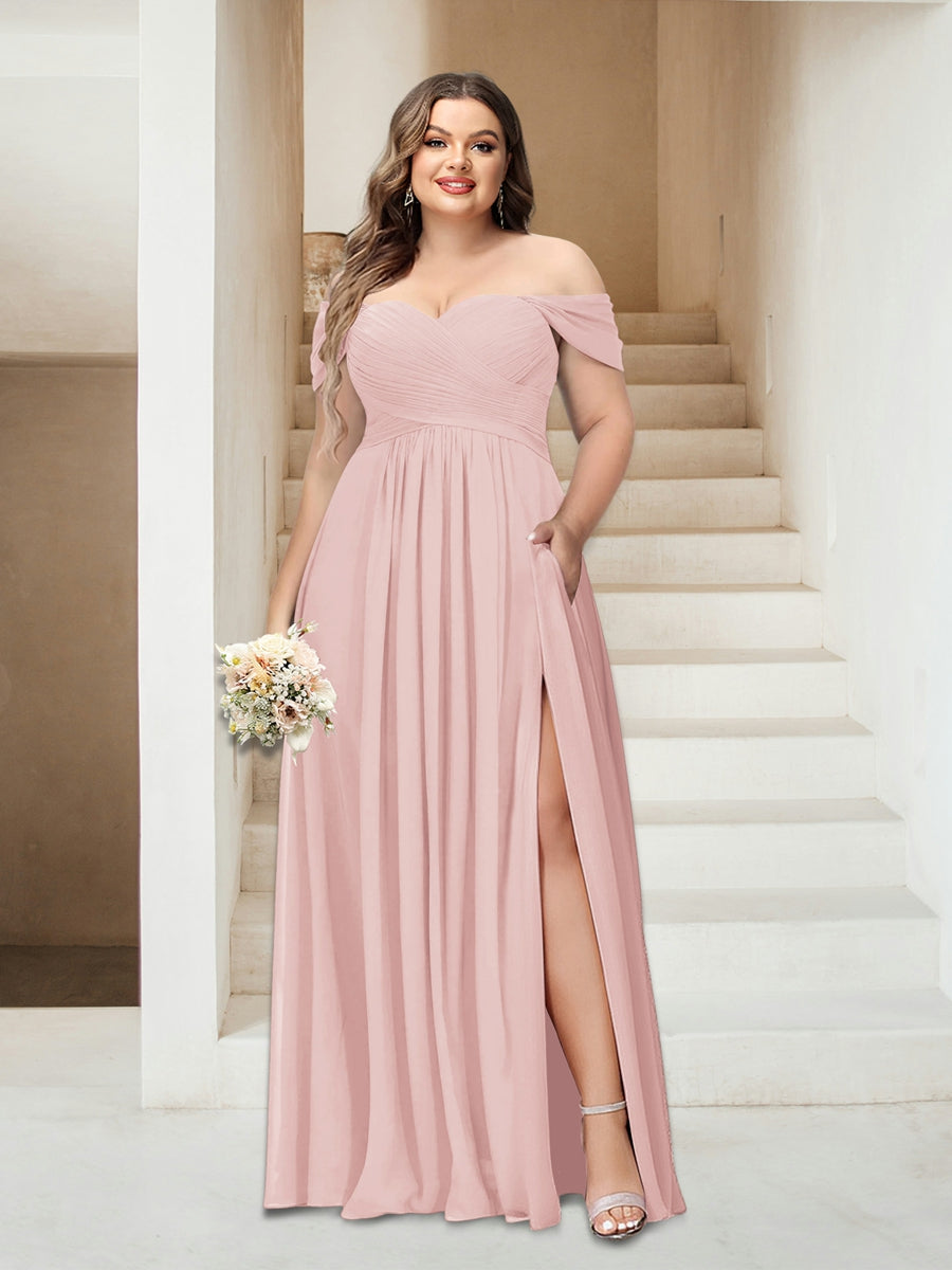 A-Line/Princess Off-the-Shoulder Sleeveless Chiffon Plus Size Bridesmaid Dresses with Pockets