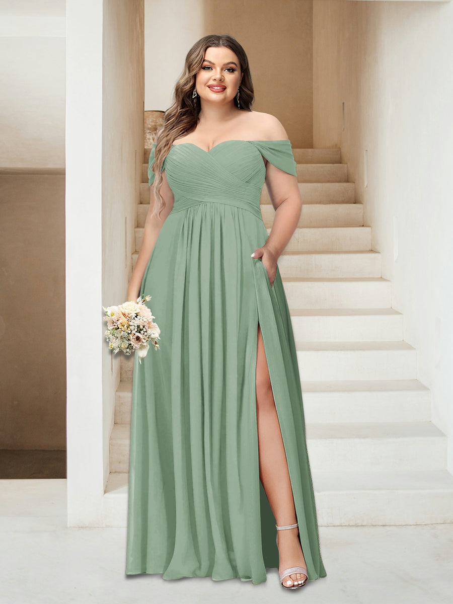 A-Line/Princess Off-the-Shoulder Sleeveless Chiffon Plus Size Bridesmaid Dresses with Pockets