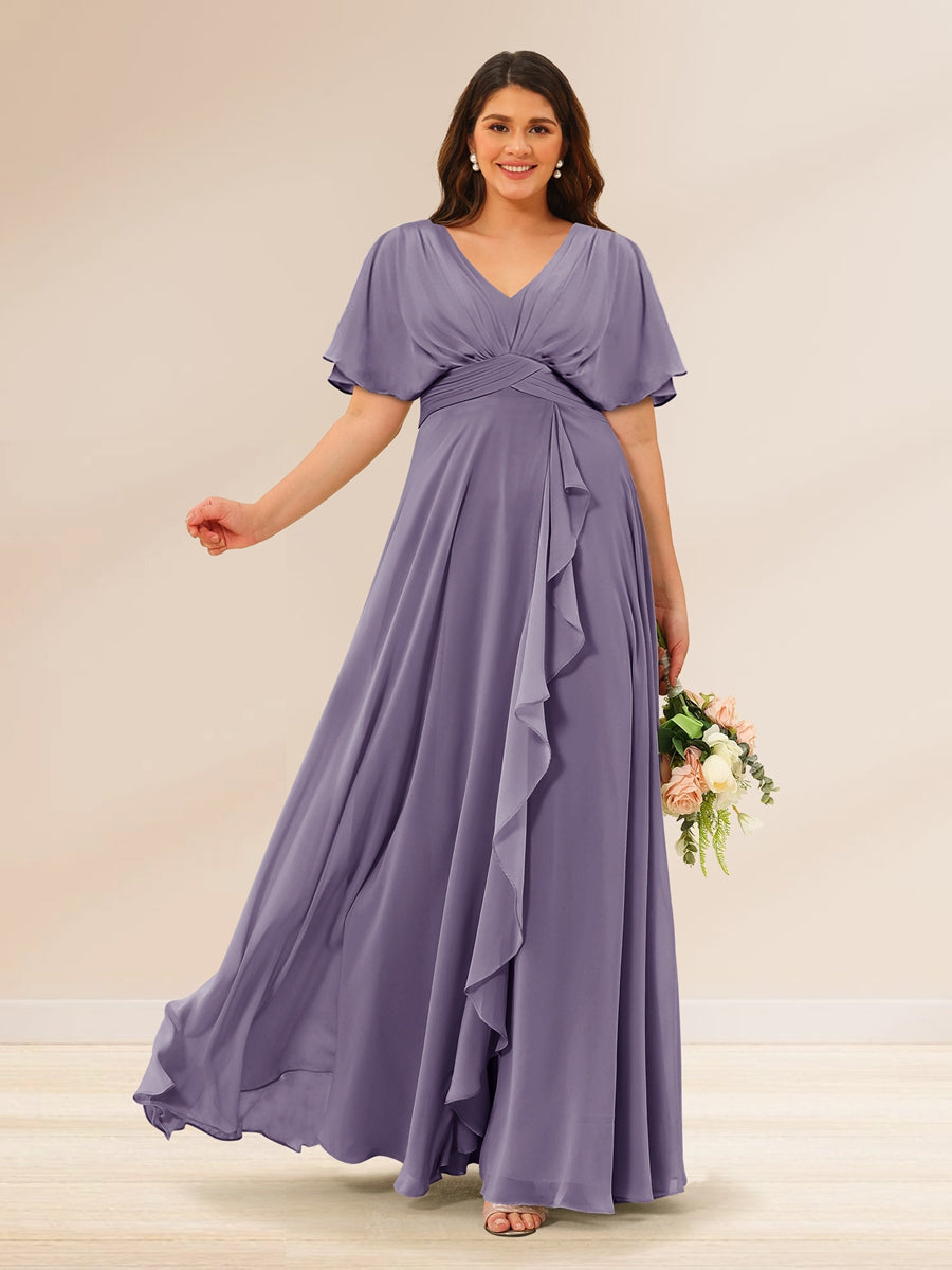 A-Line/Princess V-Neck Short Sleeves Plus Size Bridesmaid Dresses with Pockets