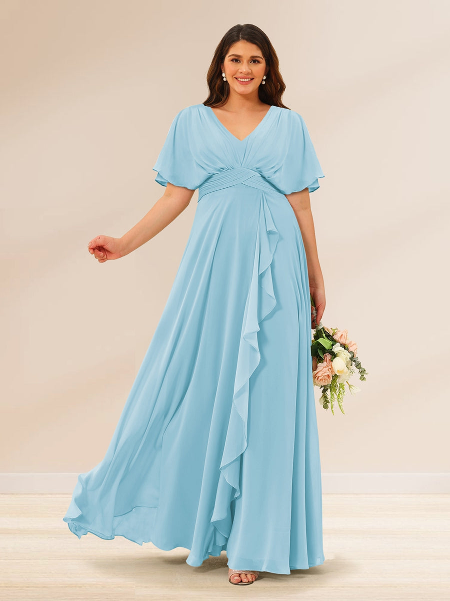 A-Line/Princess V-Neck Short Sleeves Plus Size Bridesmaid Dresses with Pockets