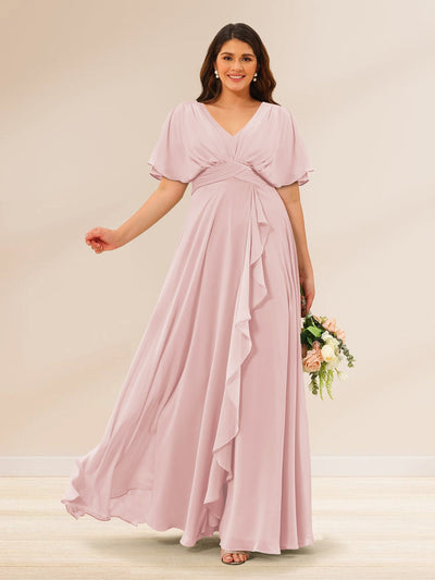 A-Line/Princess V-Neck Short Sleeves Plus Size Bridesmaid Dresses with Pockets