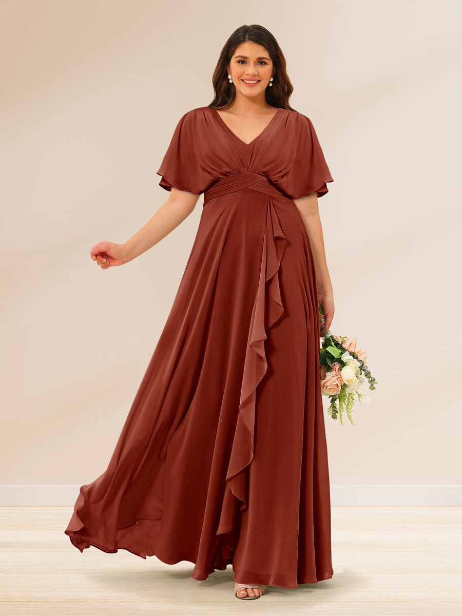 A-Line/Princess V-Neck Short Sleeves Plus Size Bridesmaid Dresses with Pockets