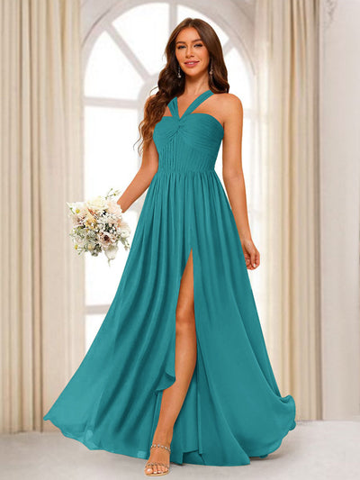 A-Line/Princess Halter Long Bridesmaid Dresses with Split Side