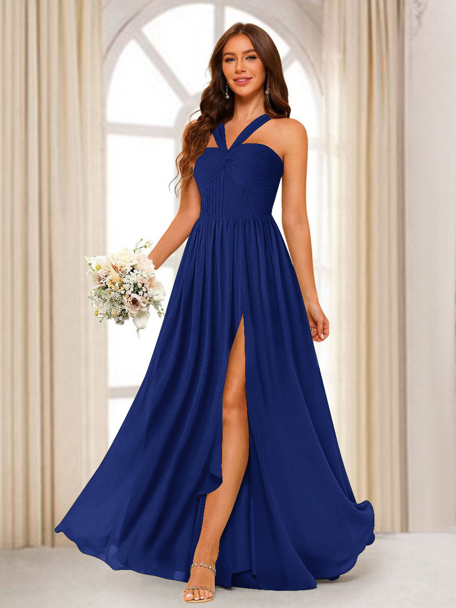 A-Line/Princess Halter Long Bridesmaid Dresses with Split Side