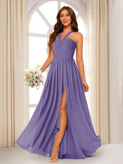 A-Line/Princess Halter Long Bridesmaid Dresses with Split Side