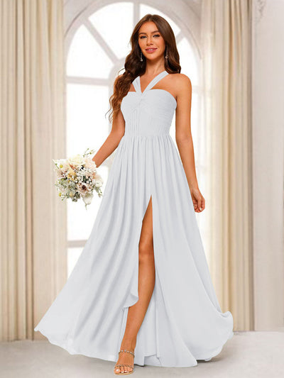 A-Line/Princess Halter Long Bridesmaid Dresses with Split Side