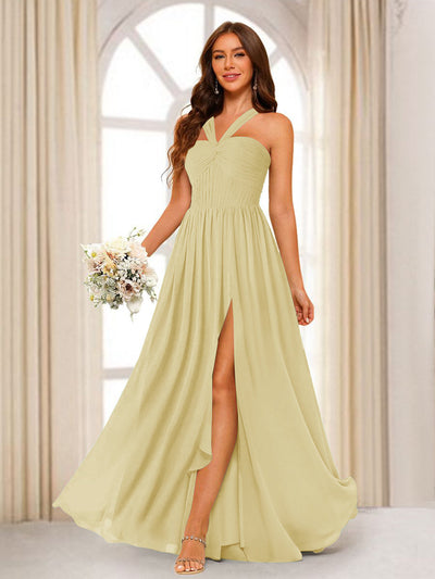 A-Line/Princess Halter Long Bridesmaid Dresses with Split Side