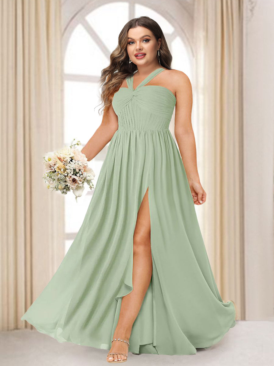 A-Line/Princess Halter Long Plus Size Bridesmaid Dresses with Split Side