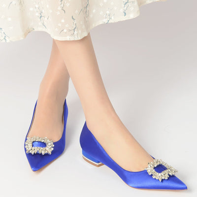 Women's Silk Satin Closed Toe With Rhinestone Flat Heel Wedding Shoes