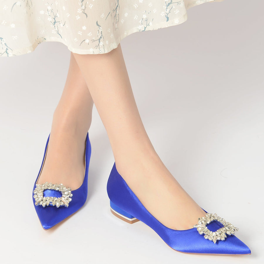 Women's Silk Satin Closed Toe With Rhinestone Flat Heel Wedding Shoes