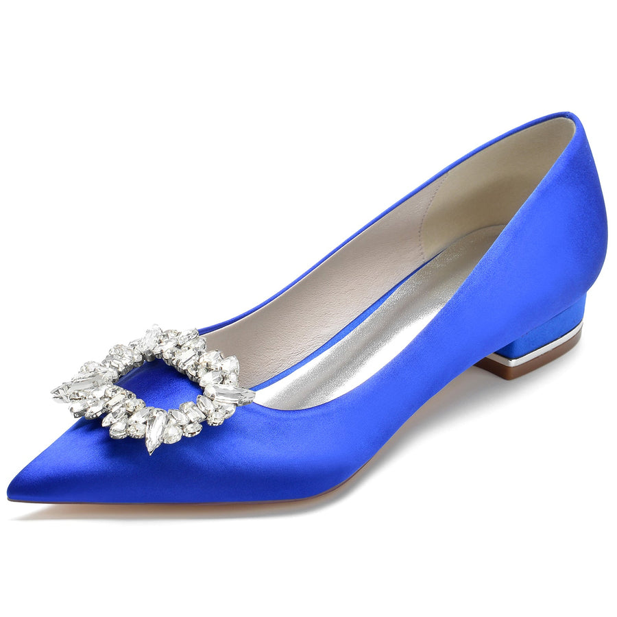 Women's Silk Satin Closed Toe With Rhinestone Flat Heel Wedding Shoes