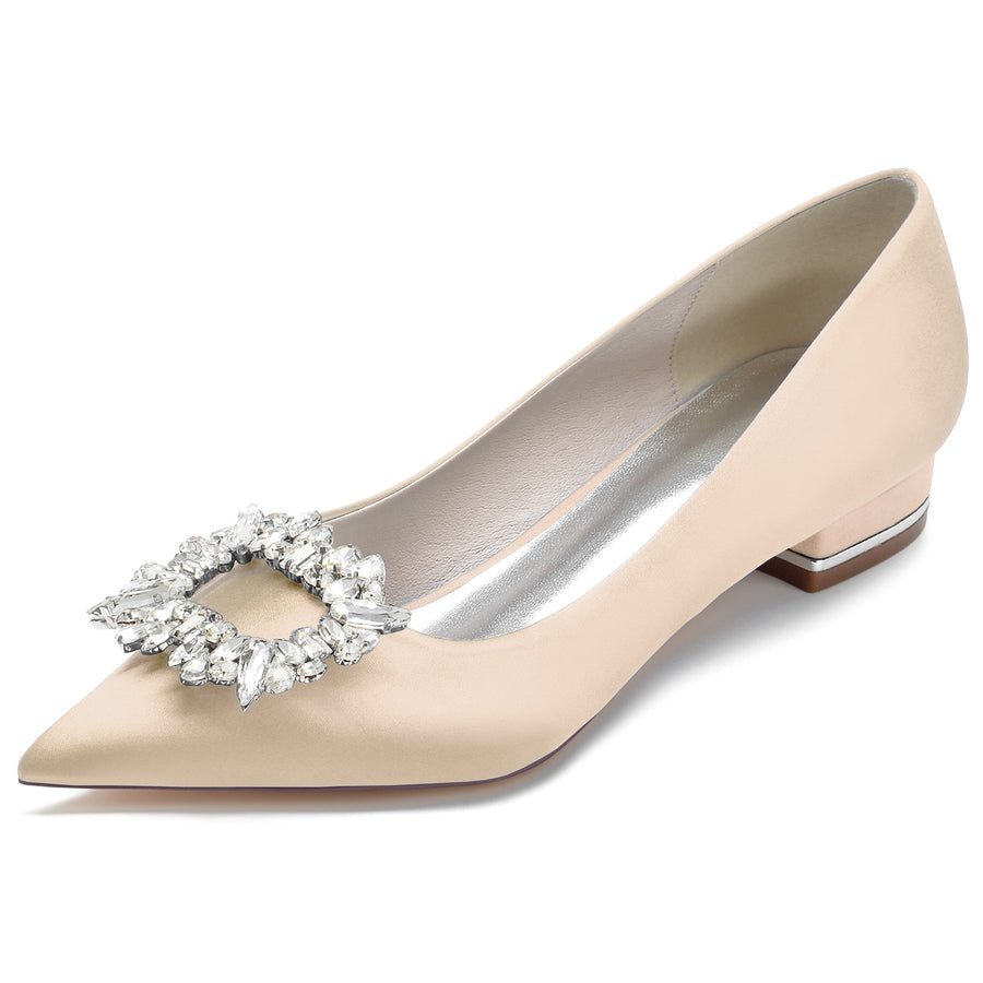 Women's Silk Satin Closed Toe With Rhinestone Flat Heel Wedding Shoes