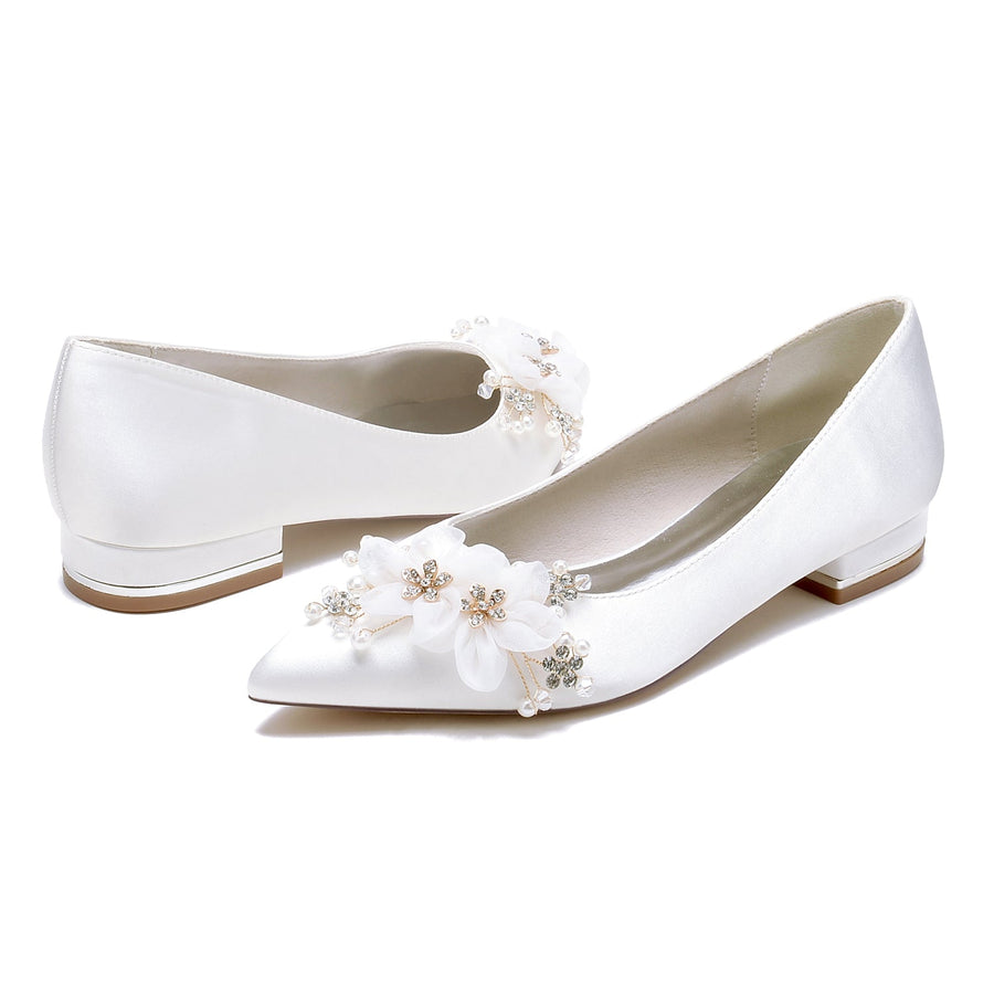 Women's Silk Satin With Flower Closed Toe Flat Heel Party Shoes