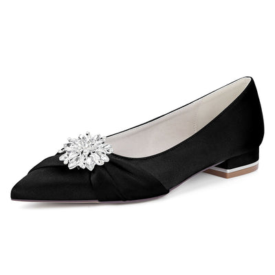 Women's Silk Satin Closed Toe With Rhinestone Flat Heel Wedding Shoes