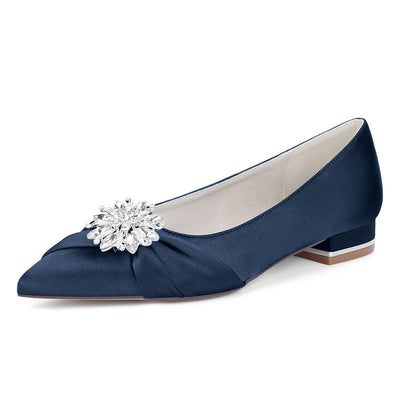 Women's Silk Satin Closed Toe With Rhinestone Flat Heel Wedding Shoes