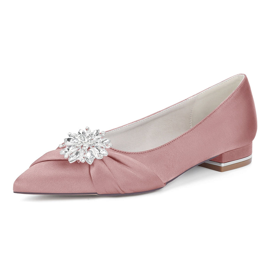 Women's Silk Satin Closed Toe With Rhinestone Flat Heel Wedding Shoes