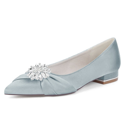 Women's Silk Satin Closed Toe With Rhinestone Flat Heel Wedding Shoes