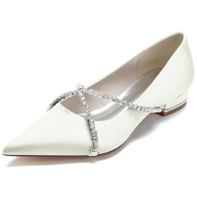 Women's Silk Satin With Closed Toe Rhinestone Flat Heel Wedding Shoes