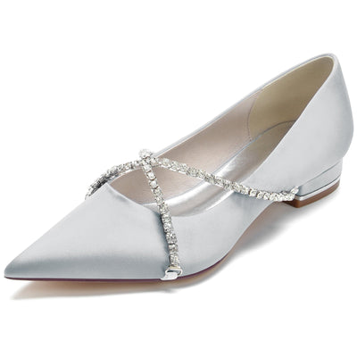 Women's Silk Satin With Closed Toe Rhinestone Flat Heel Wedding Shoes