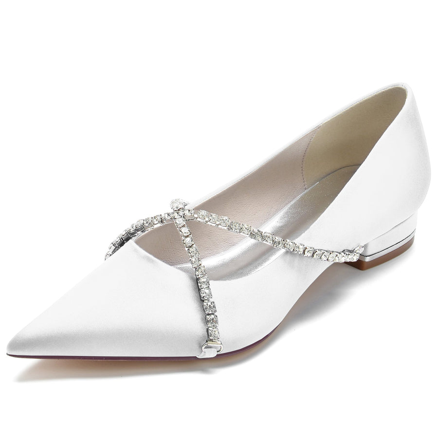 Women's Silk Satin With Closed Toe Rhinestone Flat Heel Wedding Shoes