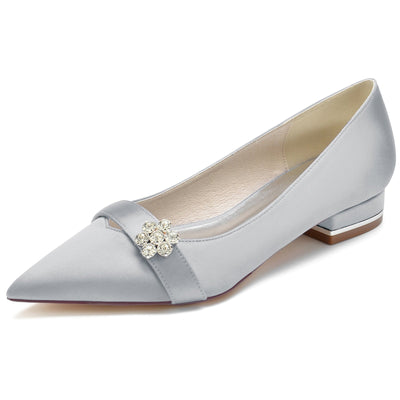 Women's Flower Silk Satin With Rhinestone Closed Toe Flat Heel Wedding Shoes