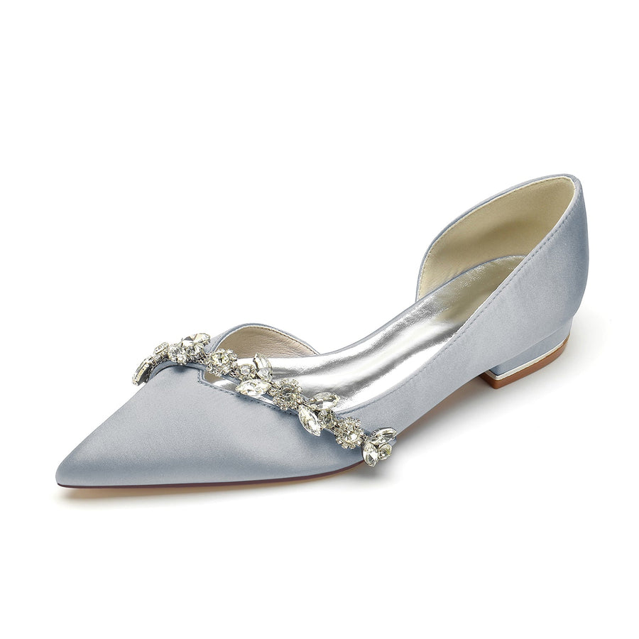 Women's Silk Satin Closed Toe With Flat Heel Rhinestone Wedding Shoes