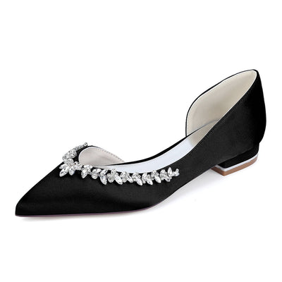 Women's Silk Satin Closed Toe With Rhinestone Flat Heel Wedding Shoes