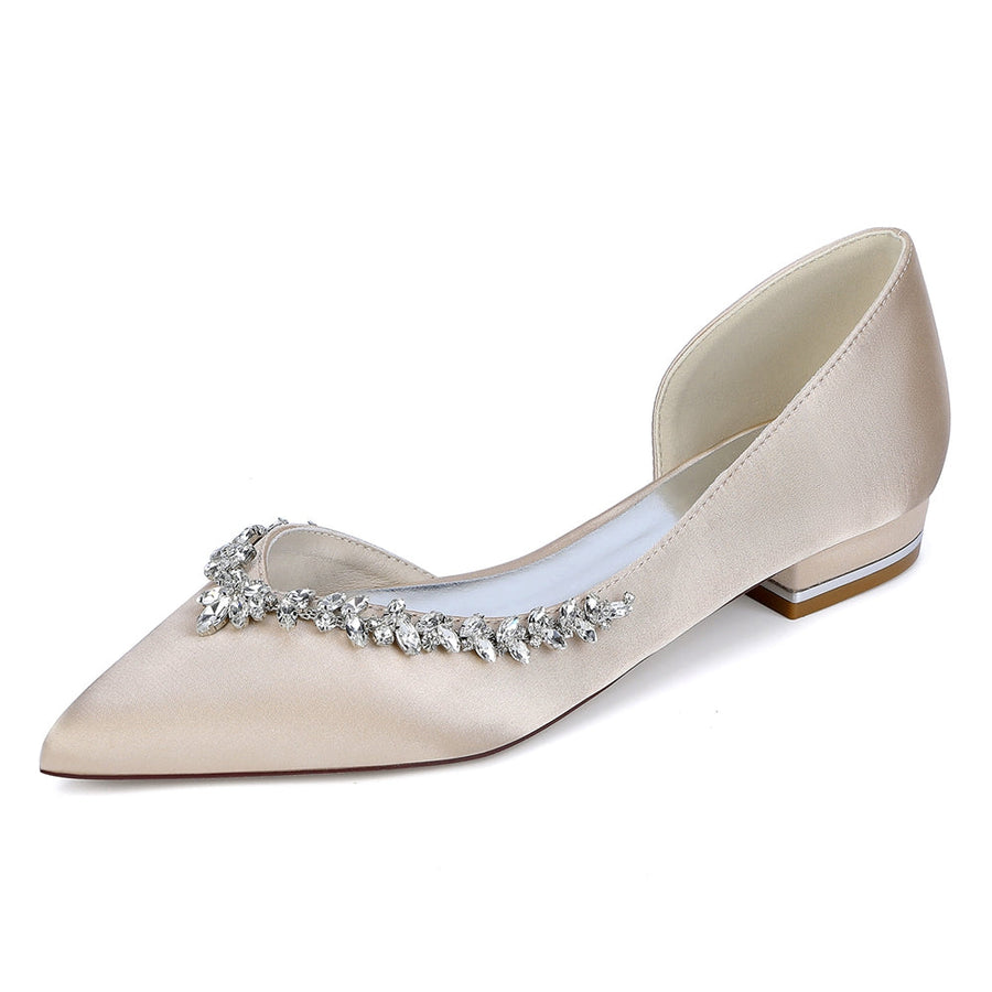 Women's Silk Satin Closed Toe With Rhinestone Flat Heel Wedding Shoes