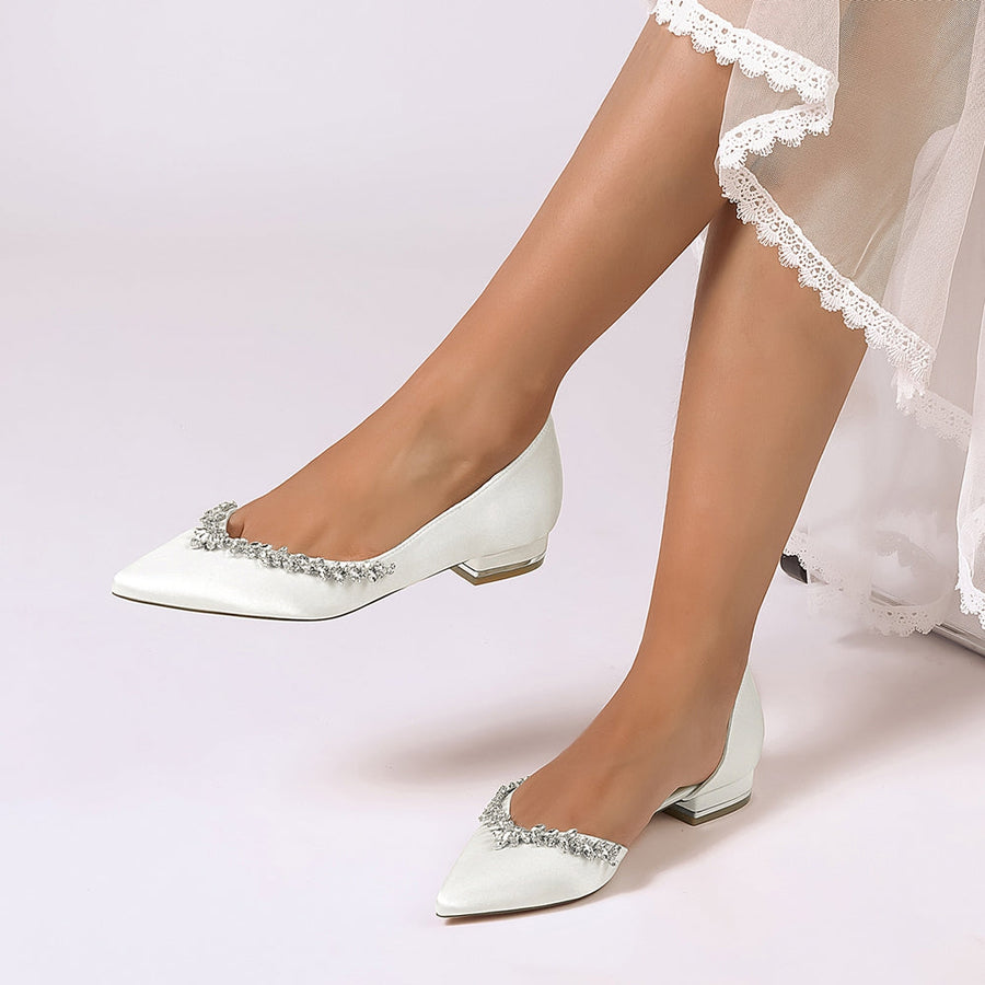 Women's Silk Satin Closed Toe With Rhinestone Flat Heel Wedding Shoes