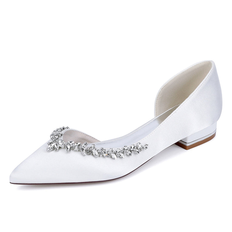 Women's Silk Satin Closed Toe With Rhinestone Flat Heel Wedding Shoes