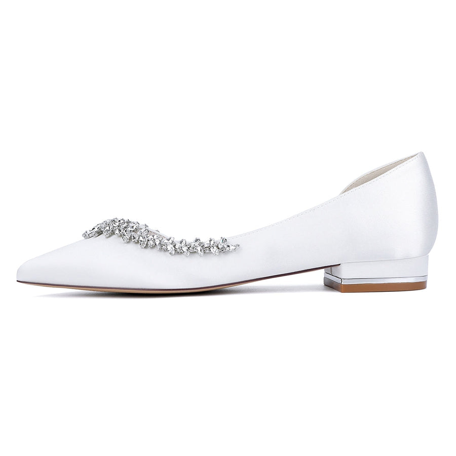 Women's Silk Satin Closed Toe With Rhinestone Flat Heel Wedding Shoes