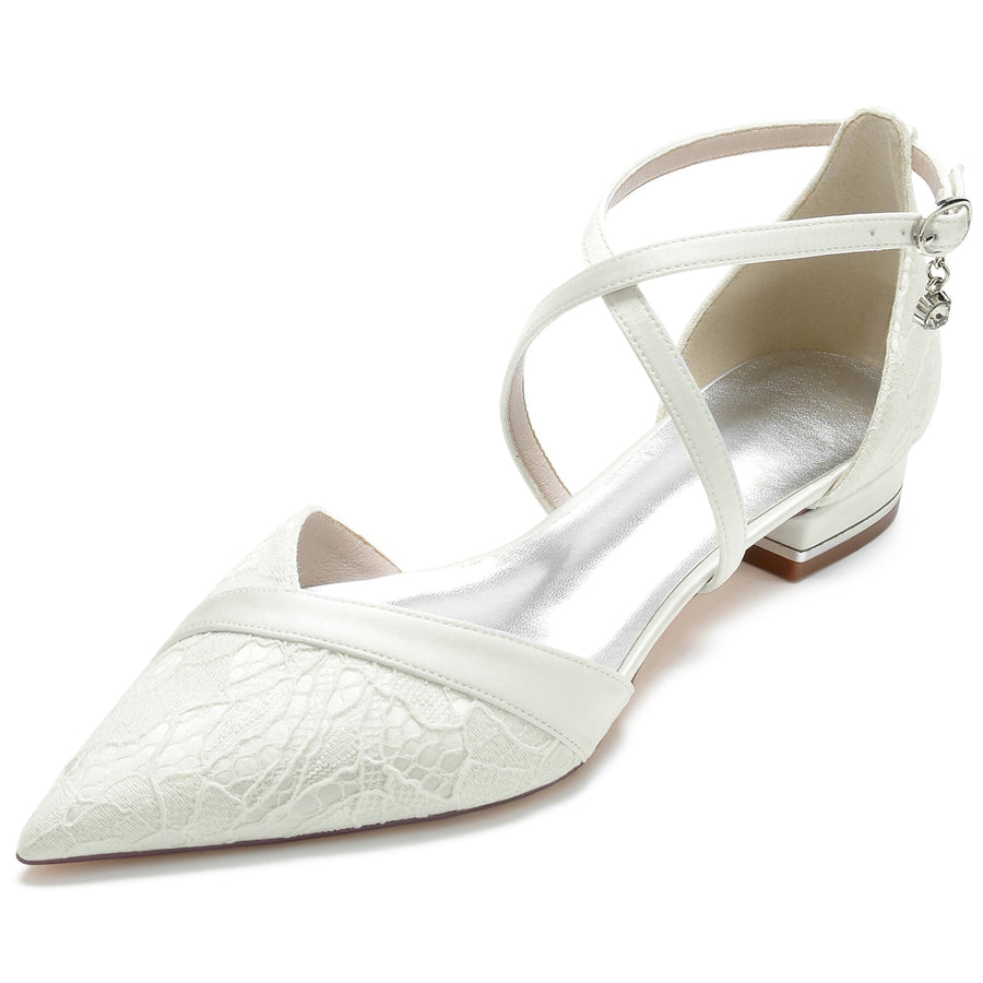 Women's Silk Satin Ankle Strap With Lace Closed Toe Flat Heel Party Shoes