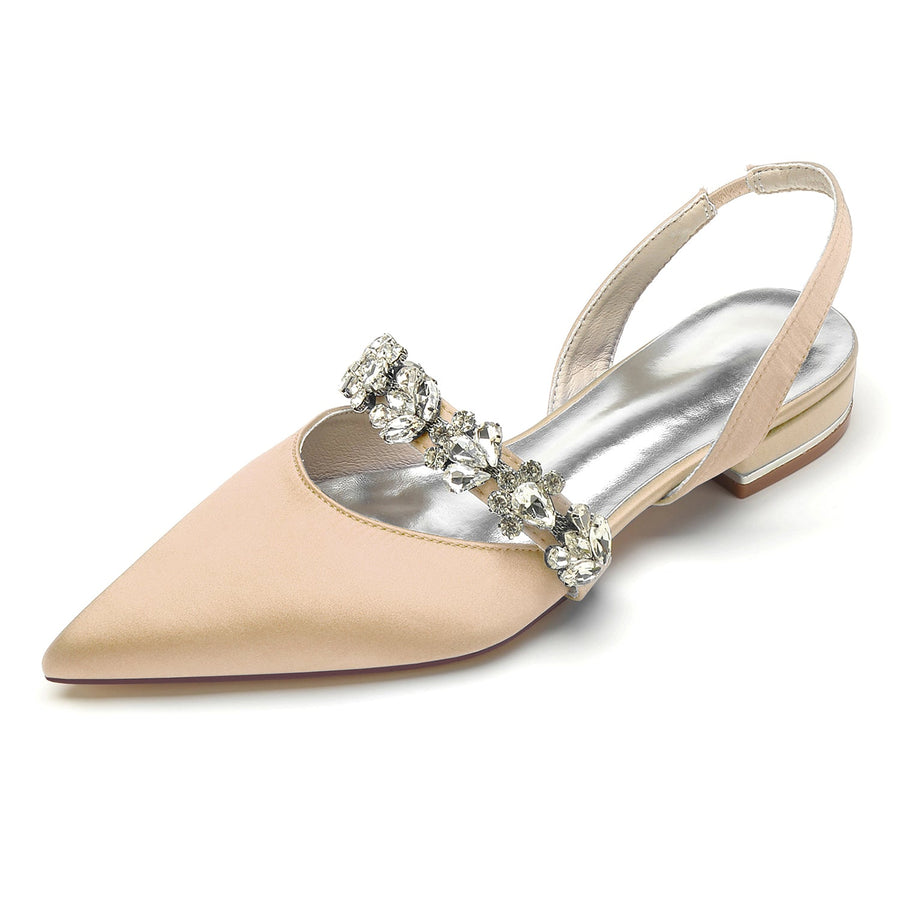 Women's Silk Satin With Rhinestone Closed Toe Flat Heel Evening Shoes