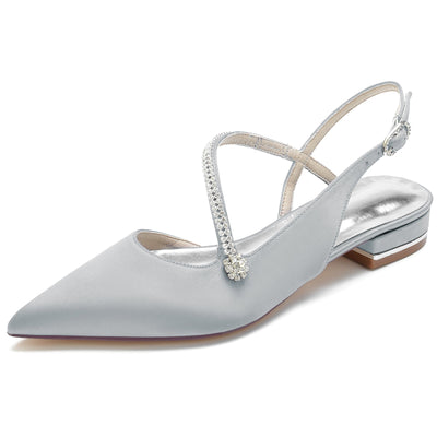 Women's Silk Satin With Ankle Strap Closed ToeRhinestone  Flat Heel Evening Shoes