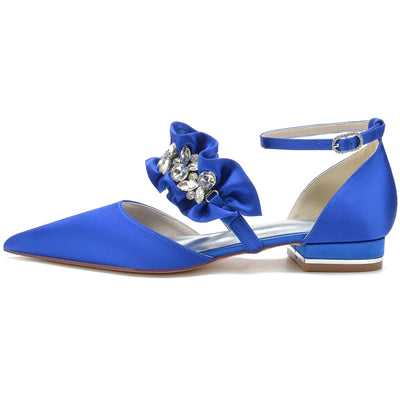 Women's Silk Satin With Rhinestone Ankle Strap Closed Toe Flat Heel Party Shoes