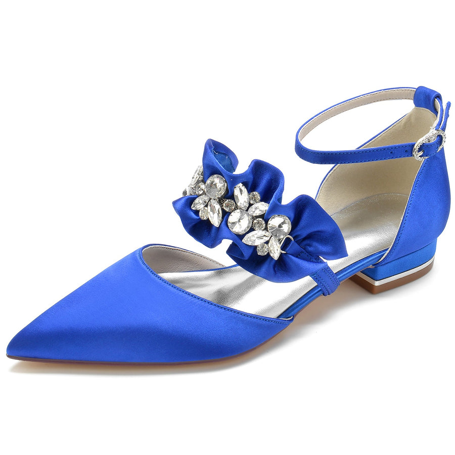 Women's Silk Satin With Rhinestone Ankle Strap Closed Toe Flat Heel Party Shoes