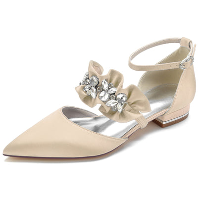 Women's Silk Satin With Rhinestone Ankle Strap Closed Toe Flat Heel Party Shoes