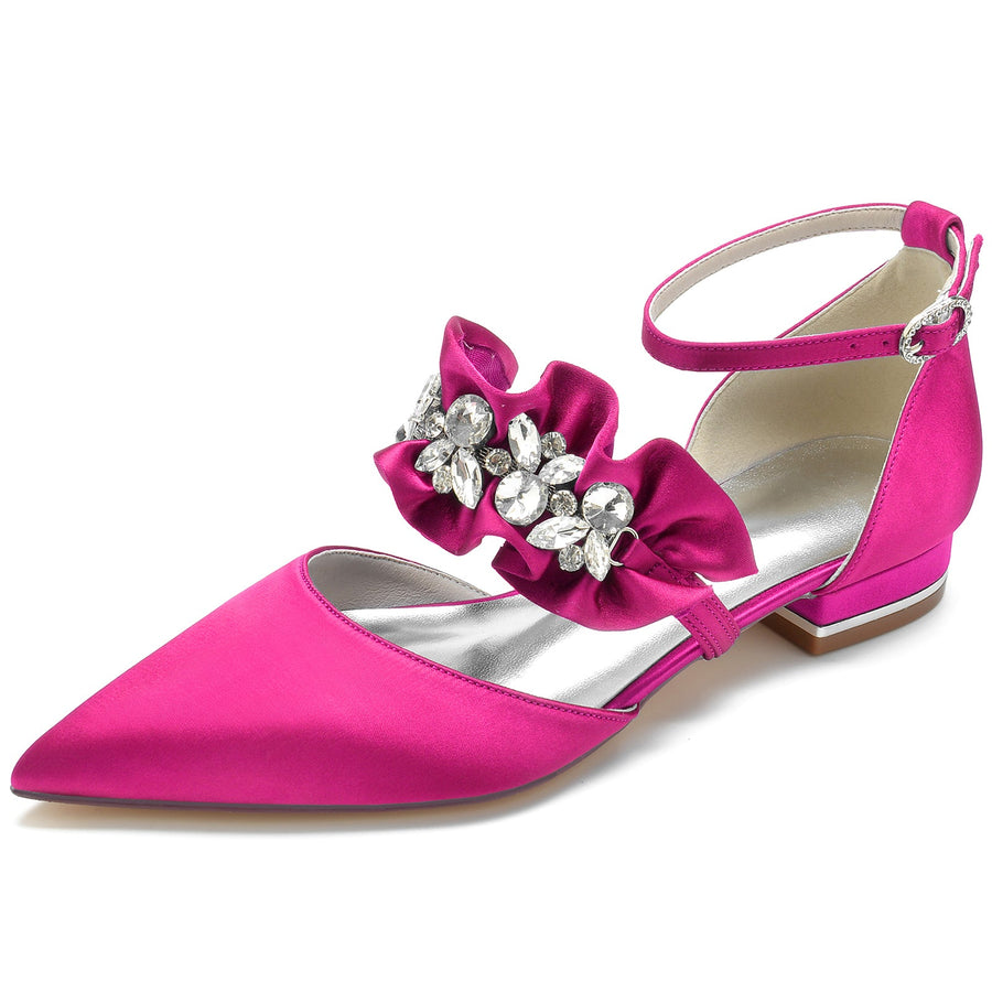 Women's Silk Satin With Rhinestone Ankle Strap Closed Toe Flat Heel Party Shoes