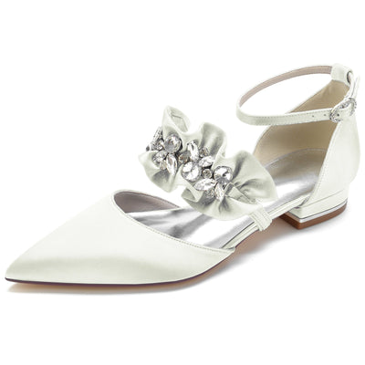 Women's Silk Satin With Rhinestone Ankle Strap Closed Toe Flat Heel Party Shoes