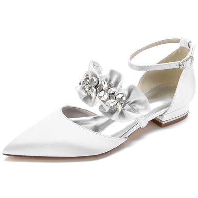 Women's Silk Satin With Rhinestone Ankle Strap Closed Toe Flat Heel Party Shoes